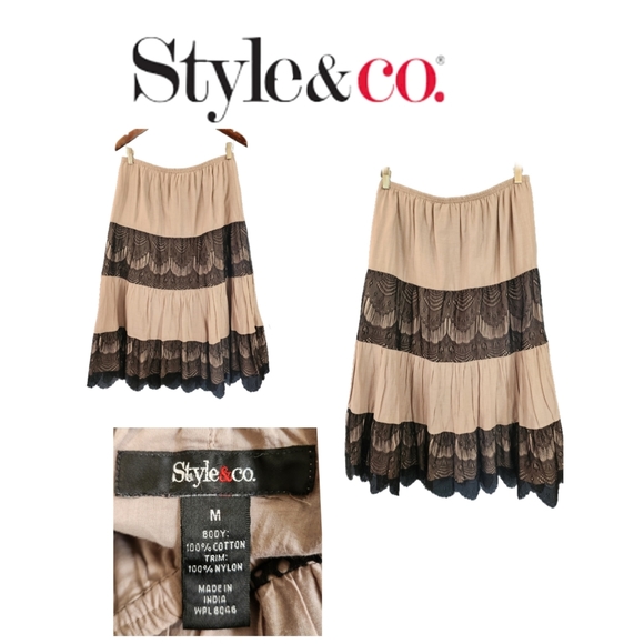 Style & Co. Dresses & Skirts - Style & CO. brown Boho tiered peasant skirt with black lace detailing size M